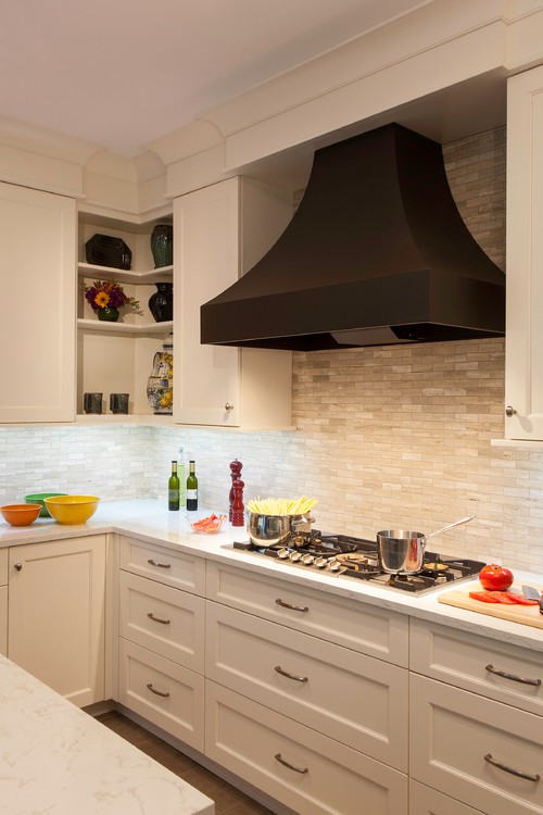 Cambria Torquay with Sherwin Williams DeWitt White Cabinets, Honed Mini Subway Tiles and Antique Bronze Hood